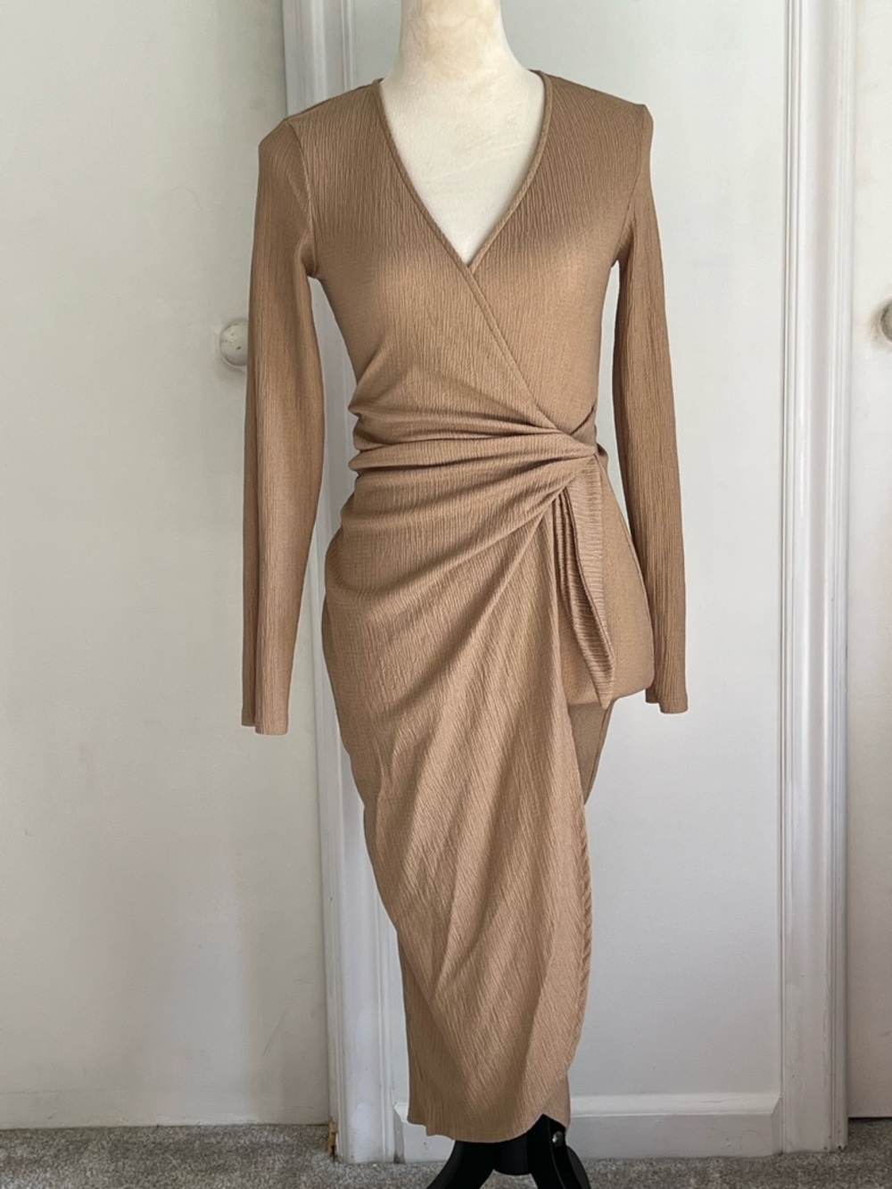 Mango Camel Wrap-Detail Long Sleeve Midi Dress